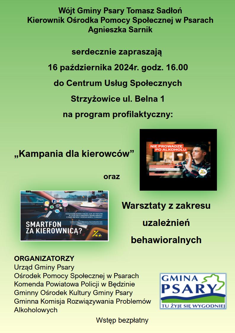 Zaproszenie na program profilaktyczny: "Kampania dla kierowców" i Warsztaty z zakresu uzależnień behawioralnych